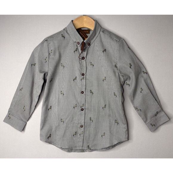 NWT Léon/FLeurisse Horse Print Brown Embroidered Button Down Shirt Boys 4 Yrs - Picture 1 of 5
